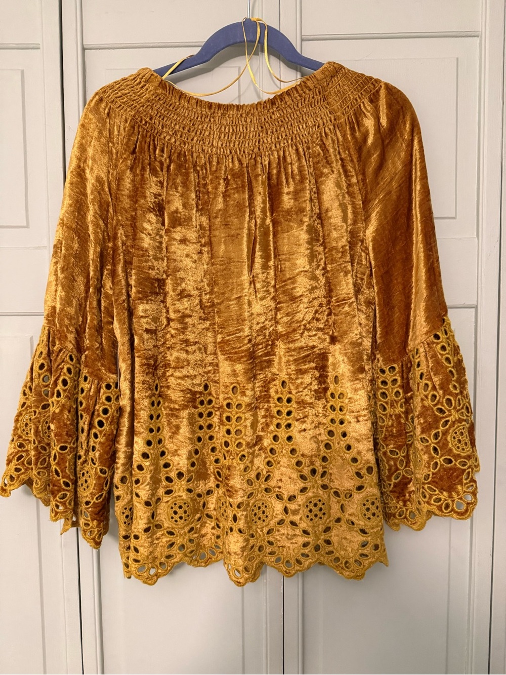John Mark Women's Mustard Gold Velvet Eyelet Bell Sleeve Blouse - Picture 2 of 11